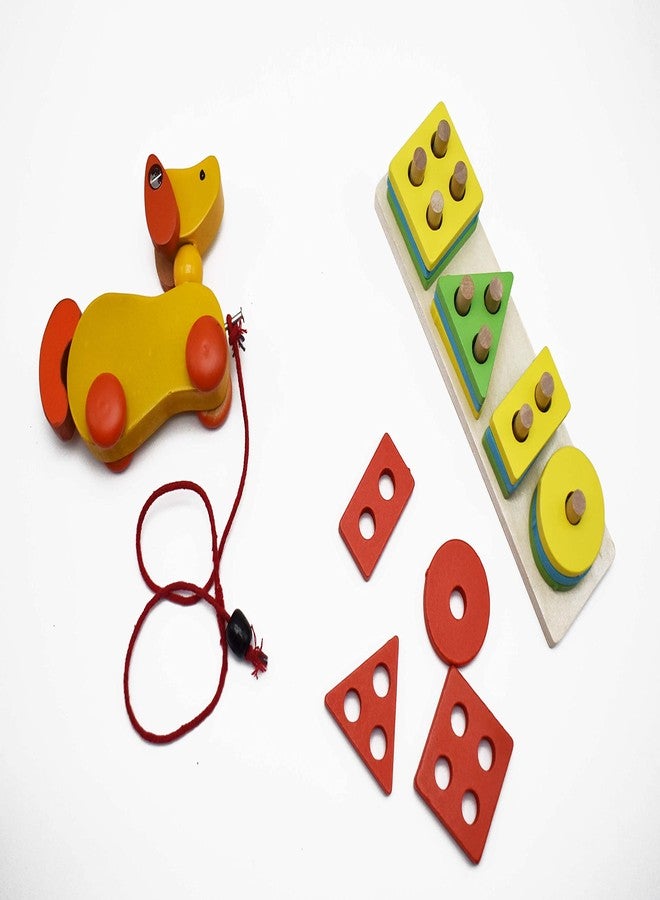 justhandmade Just Handmade Wooden Four Angle Geometric Shapes| Dog Pull Along Toy for Kids,Colours May Vary(Combo of 2) - Image 1